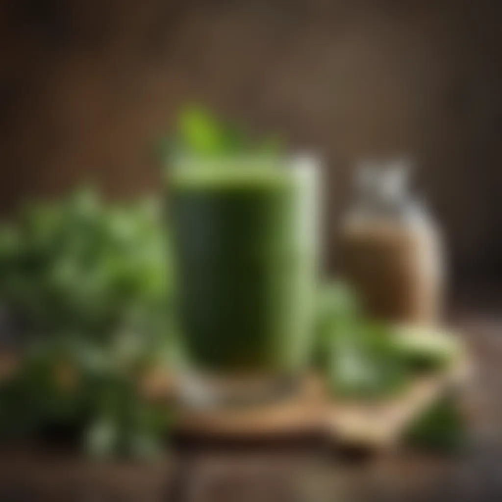 A glass of refreshing green smoothie with leafy greens