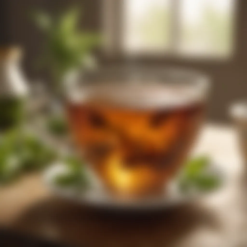 A vibrant cup of herbal tea steaming in morning light