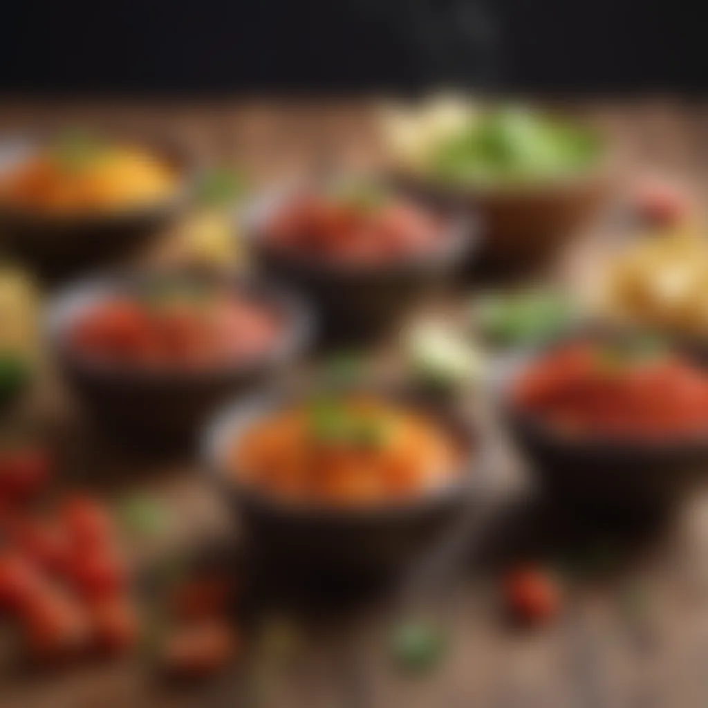 Colorful array of spicy salsa in small bowls on wooden table