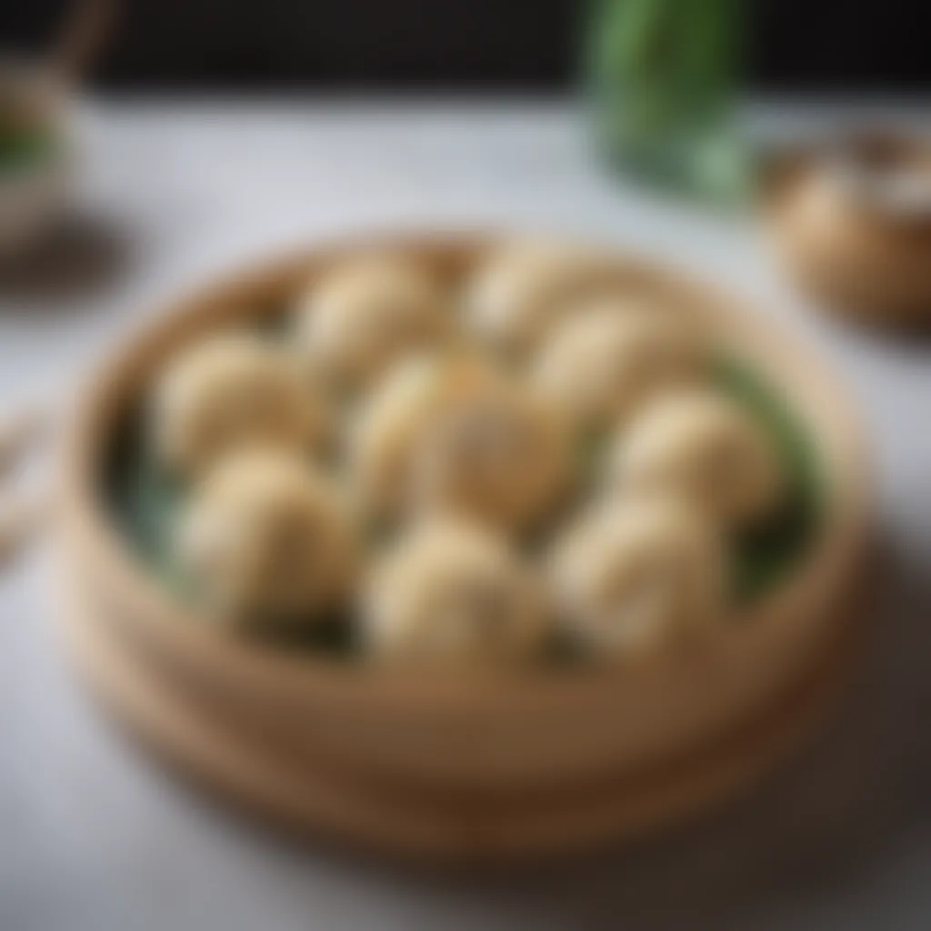 Exquisite bamboo steamer with traditional Chinese dumplings