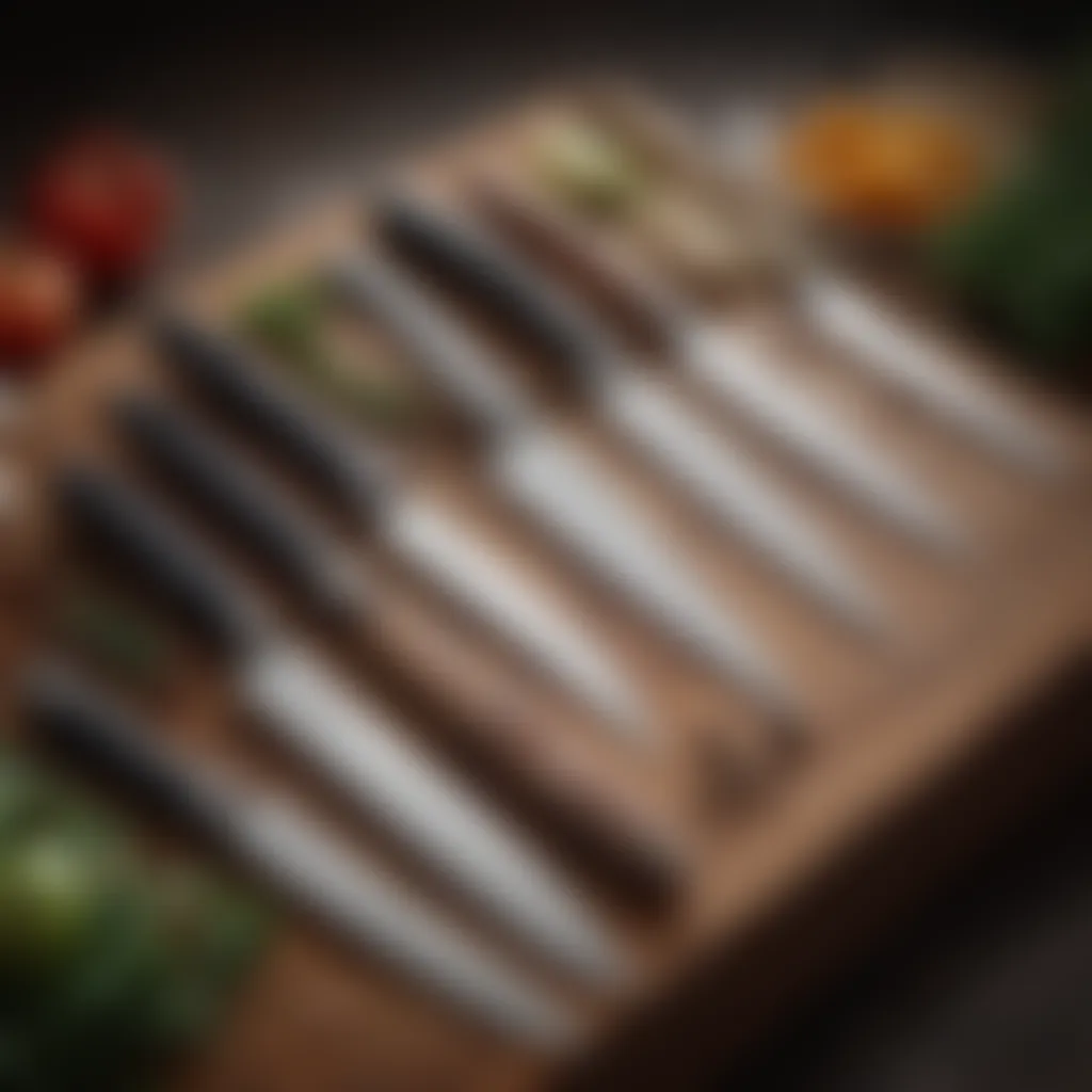 An elegant display of various culinary knives showcasing craftsmanship and design.