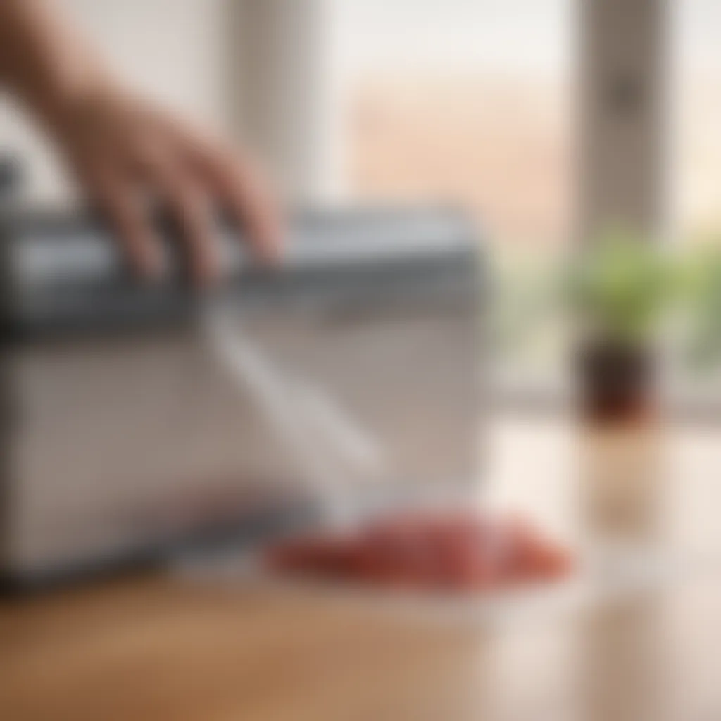 Close-up of a vacuum sealer in action sealing a bag