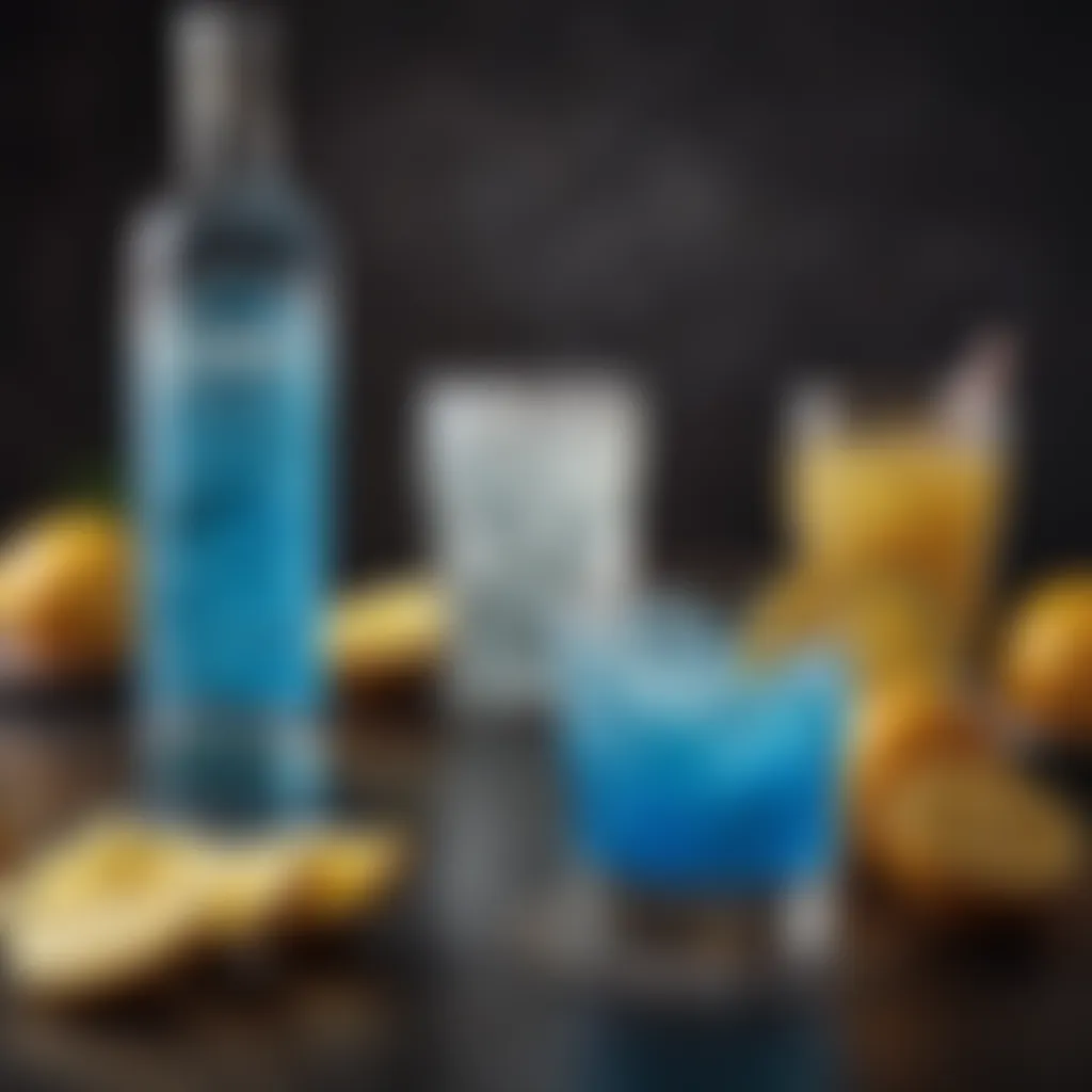 A vibrant blue lemonade vodka cocktail garnished with citrus