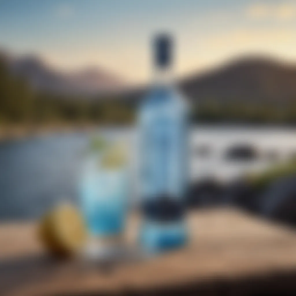 An elegant glass of blue lemonade vodka with a scenic backdrop