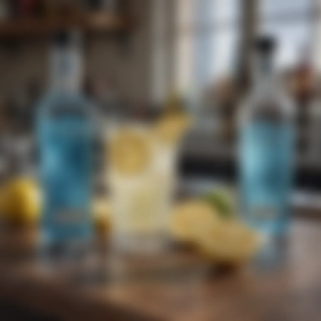 Ingredients for blue lemonade vodka laid out on a bar counter