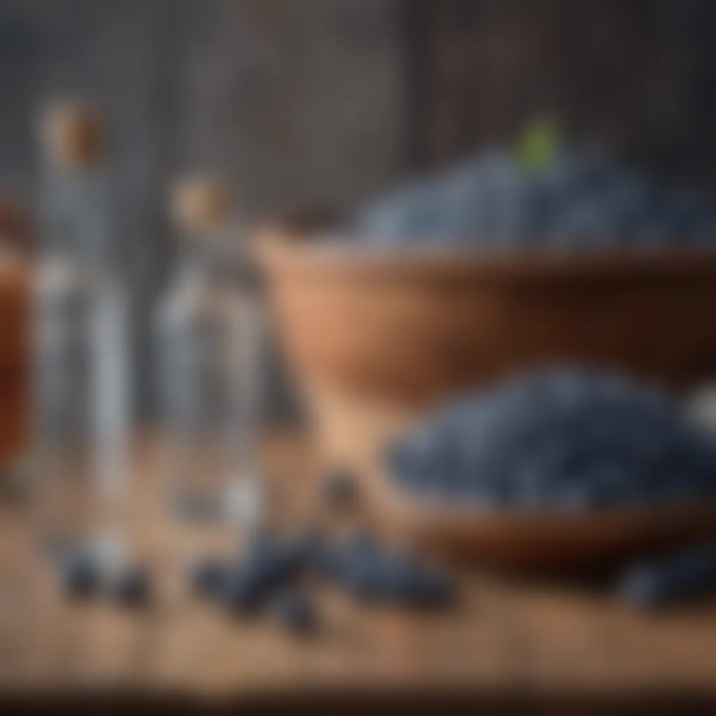 A selection of fresh blueberries and vodka bottles on a rustic wooden table