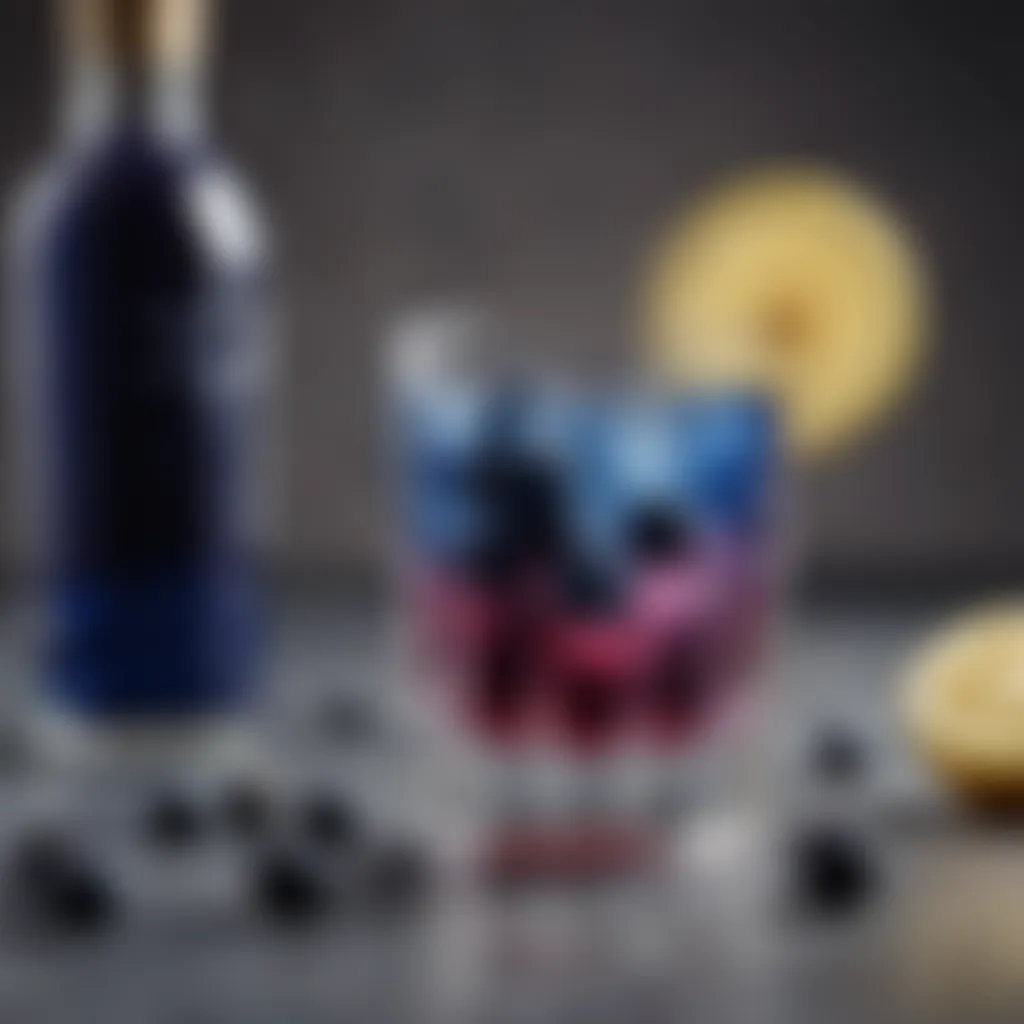 A sophisticated cocktail garnished with lemon and blueberries in a crystal glass