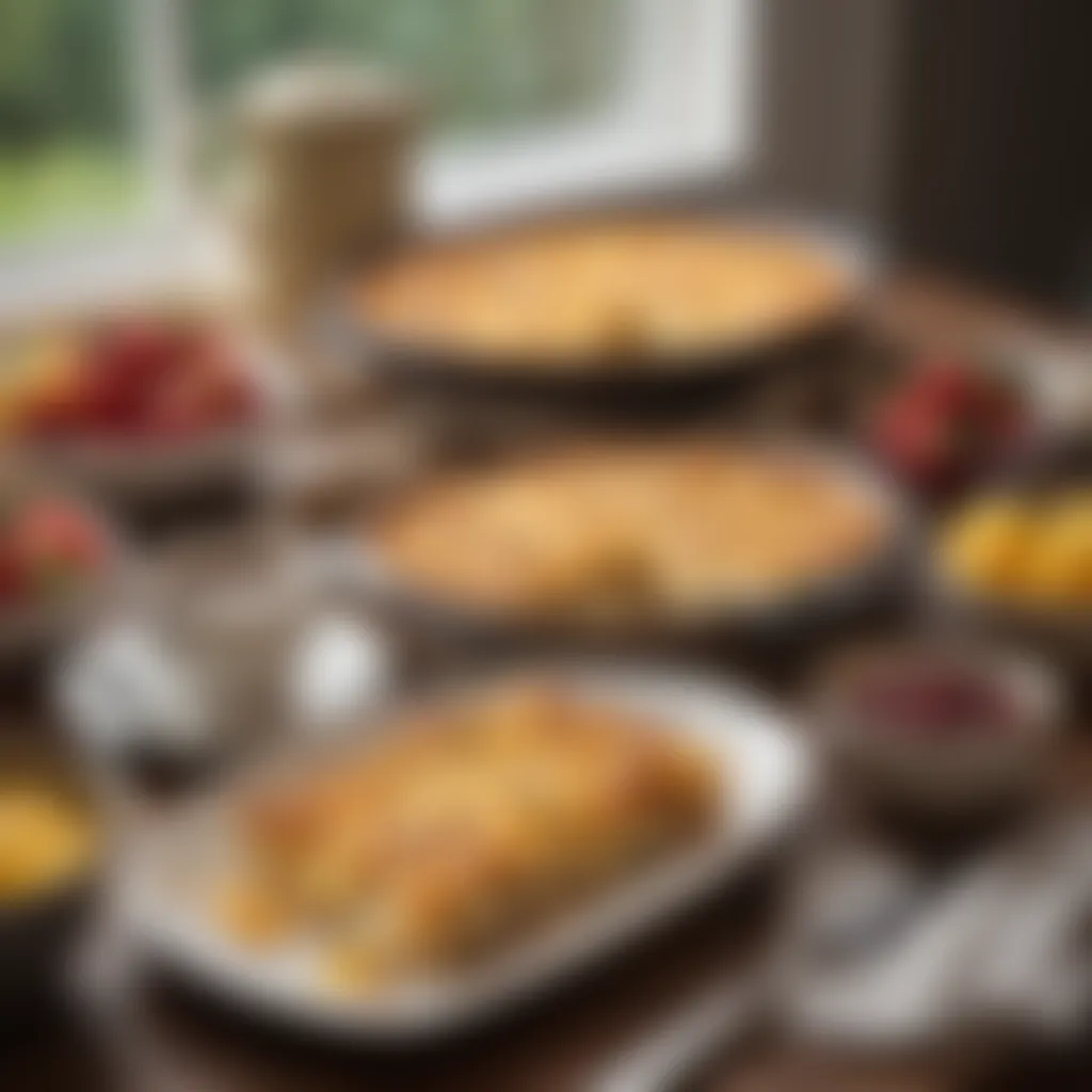 A cozy breakfast table setting featuring the hash brown casserole alongside coffee and fresh fruit.