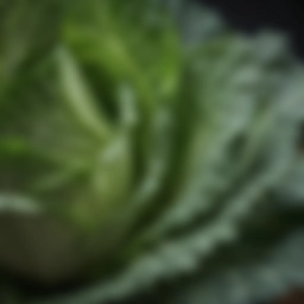 Close-up of fresh green cabbage leaves showcasing its vibrant texture