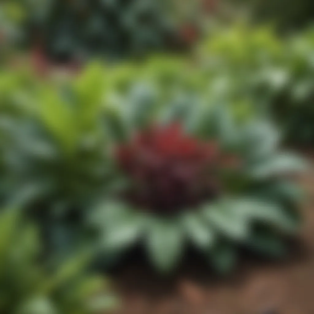 Diverse Callaloo Species in Garden A lush garden showcasing various species of callaloo plants thriving in a tropical environment.