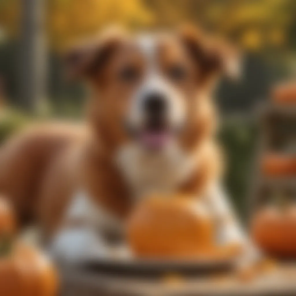 A close-up of a happy dog enjoying a pumpkin treat in a sunny outdoor setting