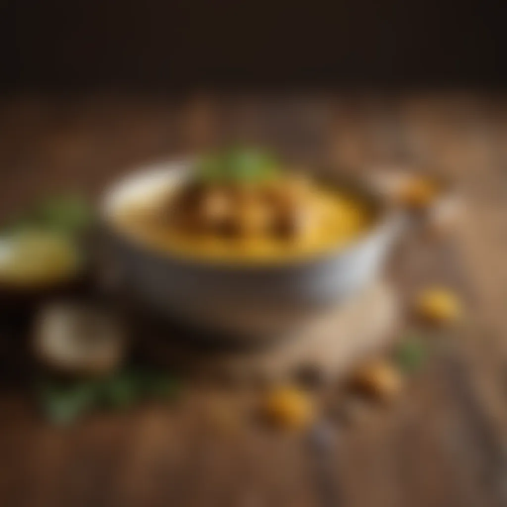 A vibrant bowl of mustard curry sauce highlighting its rich texture and color