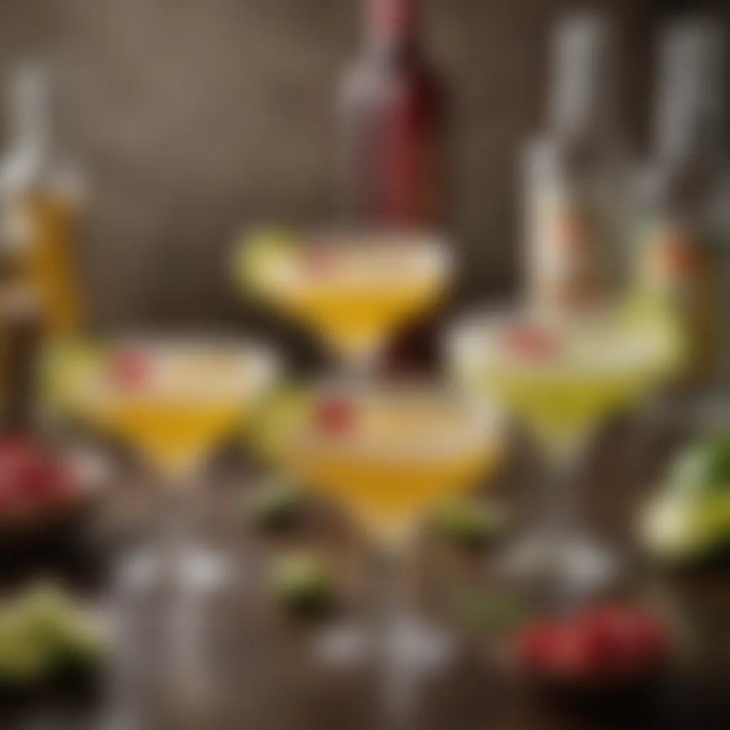 A vibrant display of various margarita cocktails with colorful garnishes