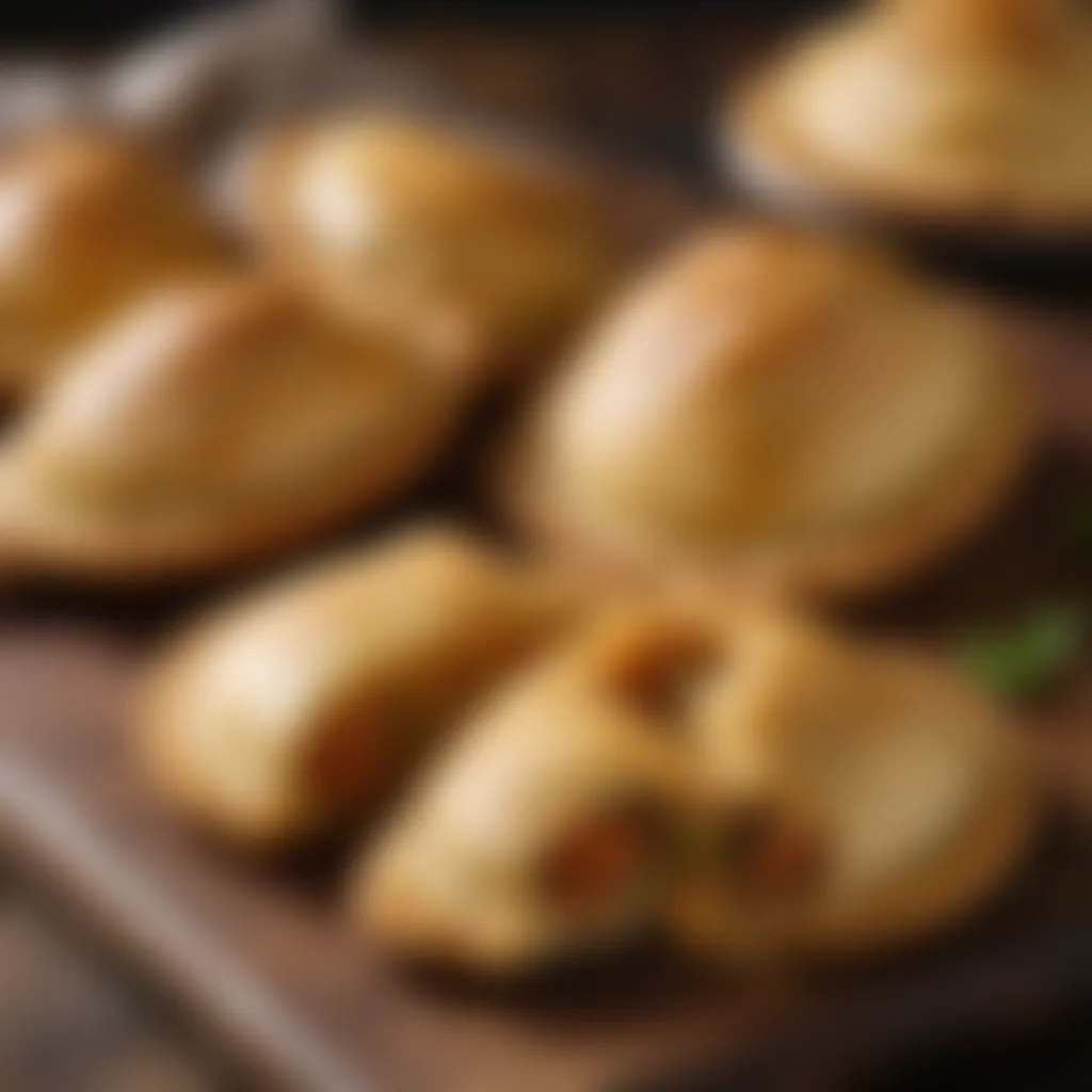 A close-up of golden-brown Colombian empanadas on a rustic wooden board