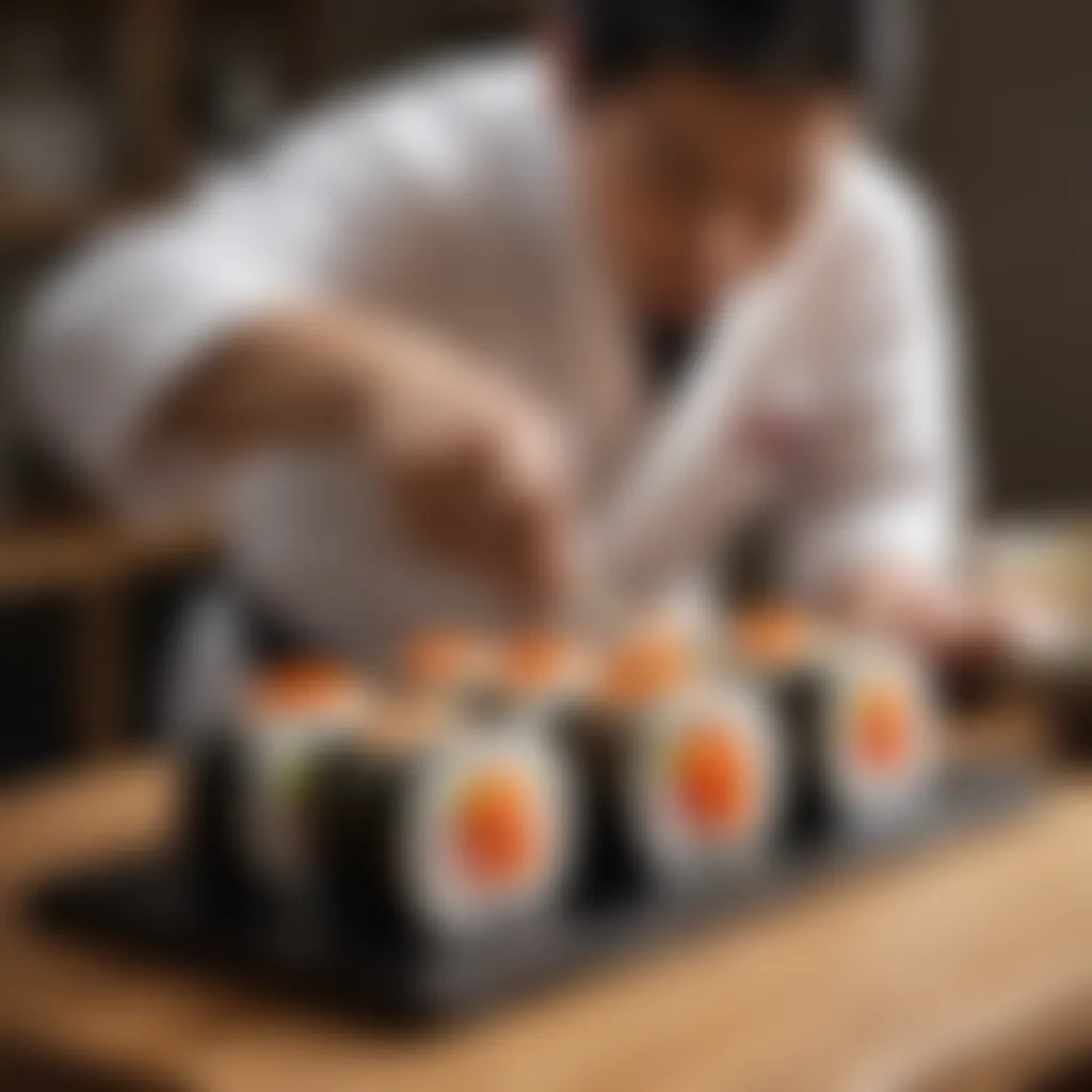 Japanese chef delicately crafting sushi rolls