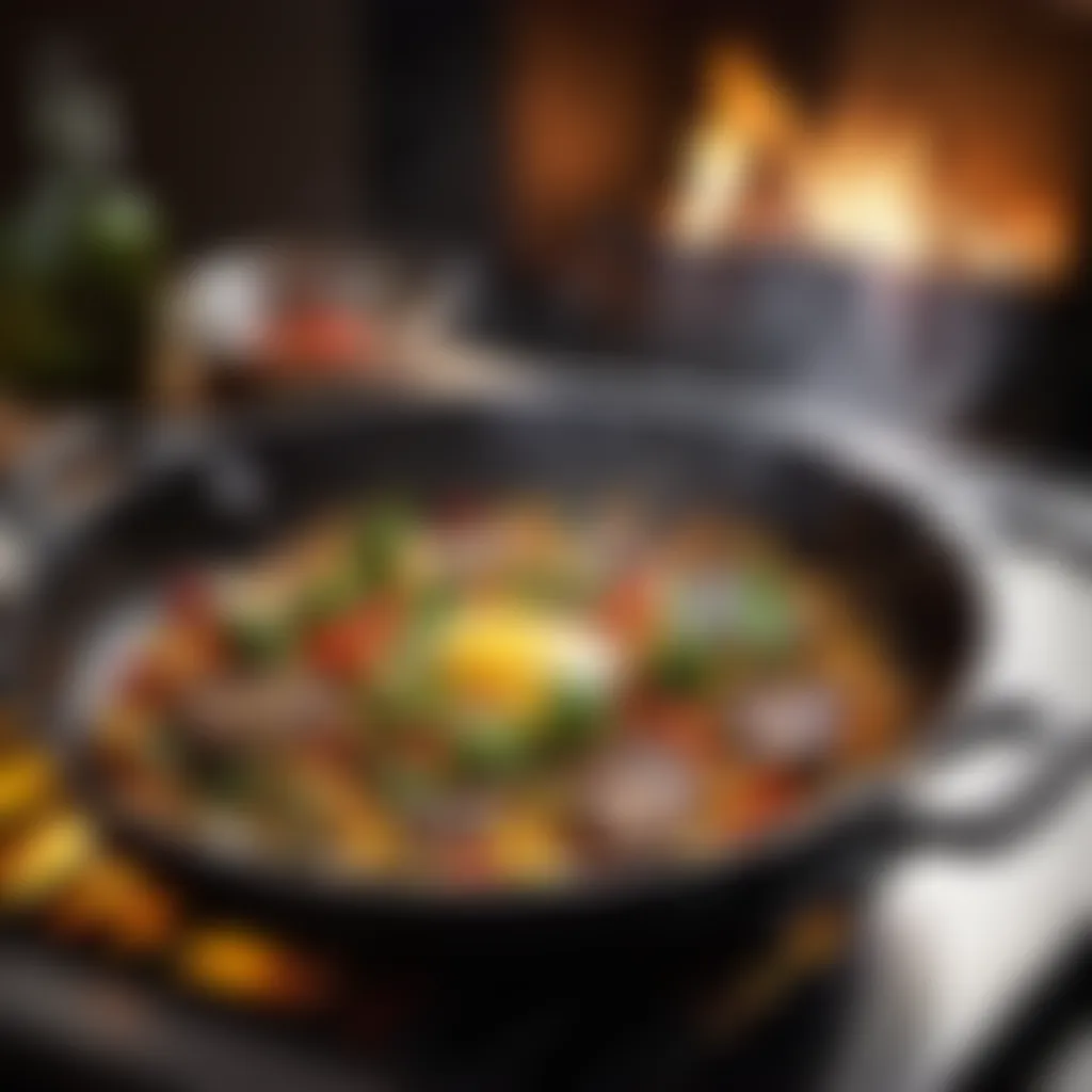 Sizzling skillet with seared ingredients