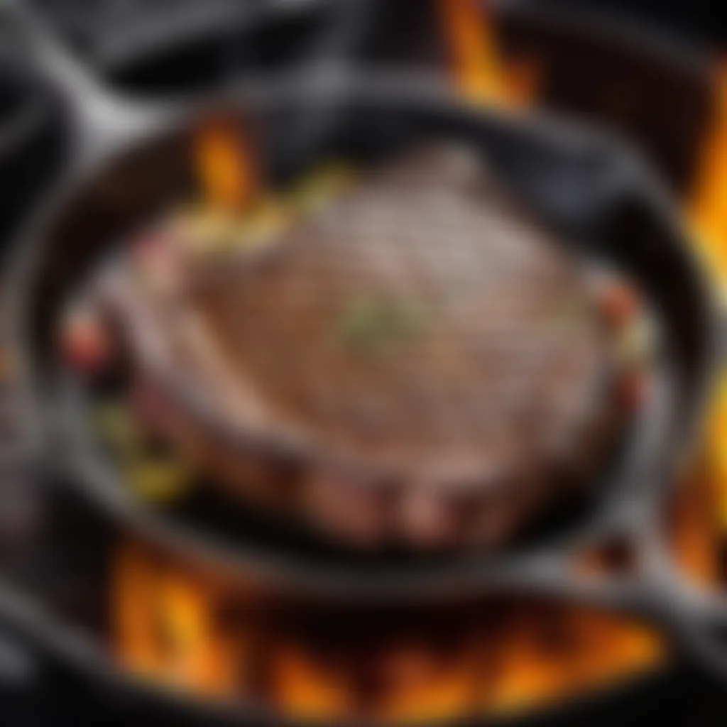 Searing Hot Cast Iron Skillet with Ribeye Steak