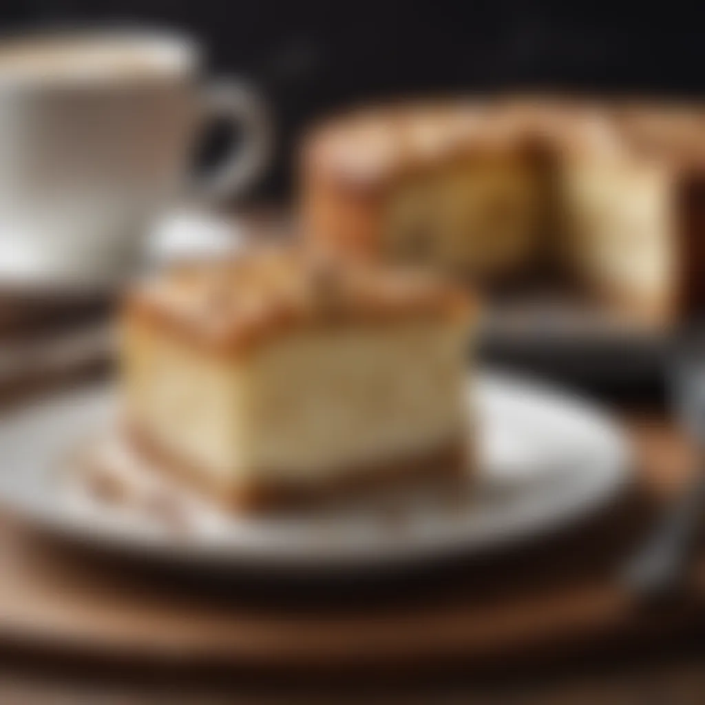 A cup of coffee next to a plate of cream cheese coffee cake