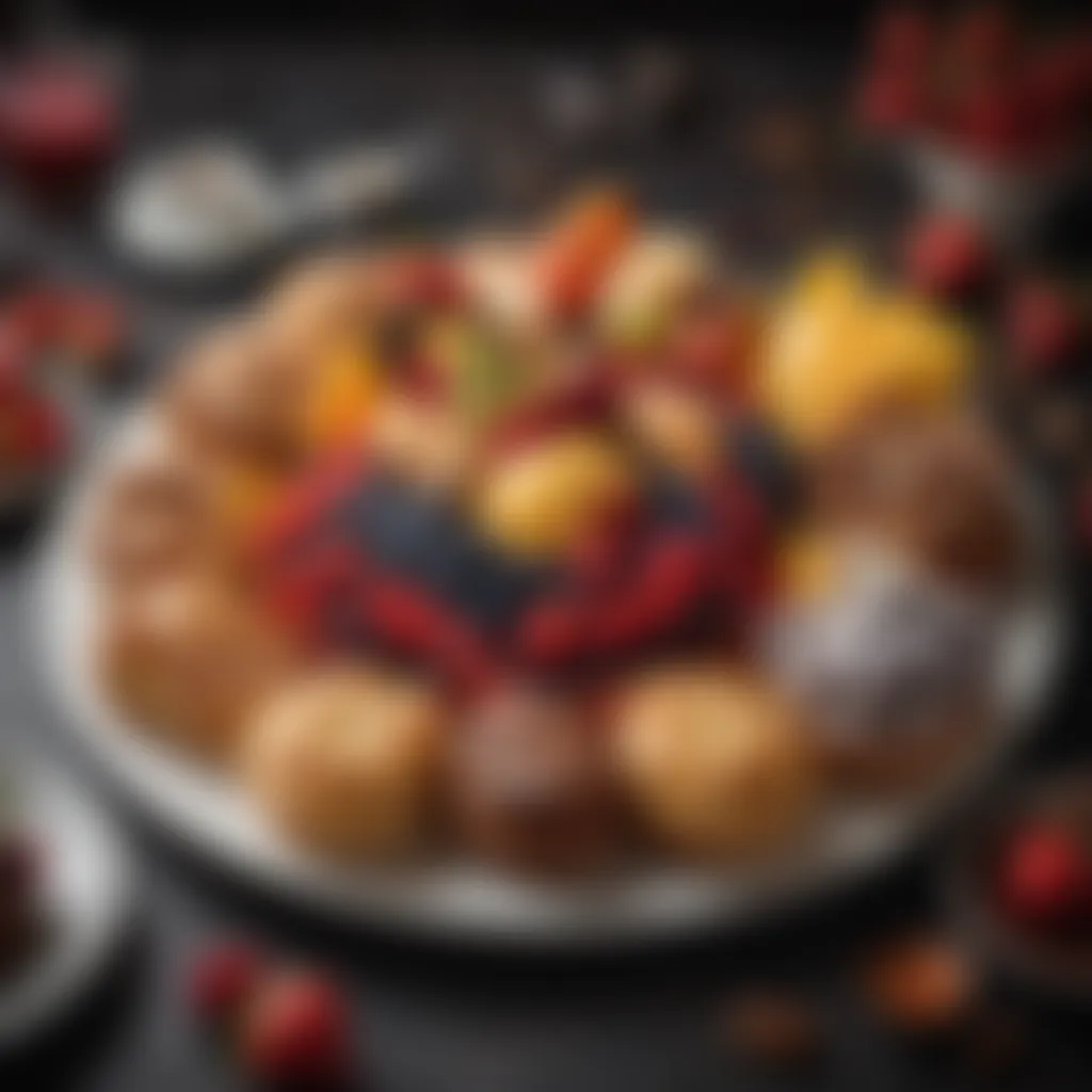 A festive dessert platter showcasing a variety of pastries, fruits, and chocolates.