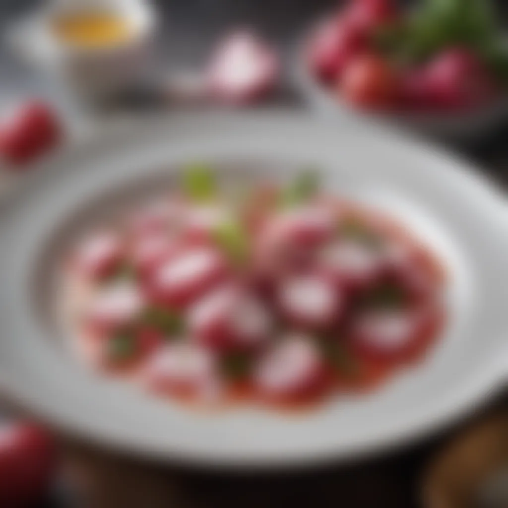 Gourmet Dish with Radishes A gourmet dish showcasing radishes as a central ingredient in an elegant setting