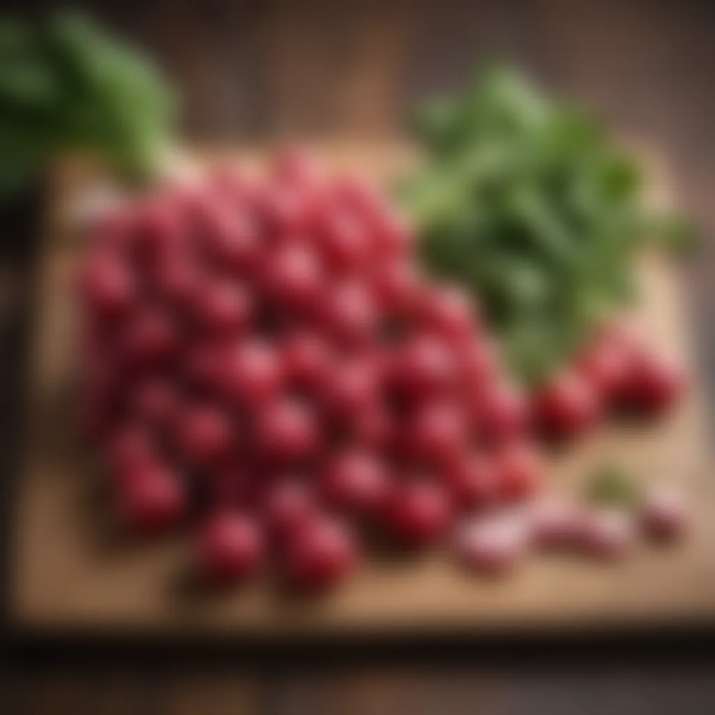 Artistic Display of Radish Varieties Vibrant radish varieties displayed artistically on a wooden board
