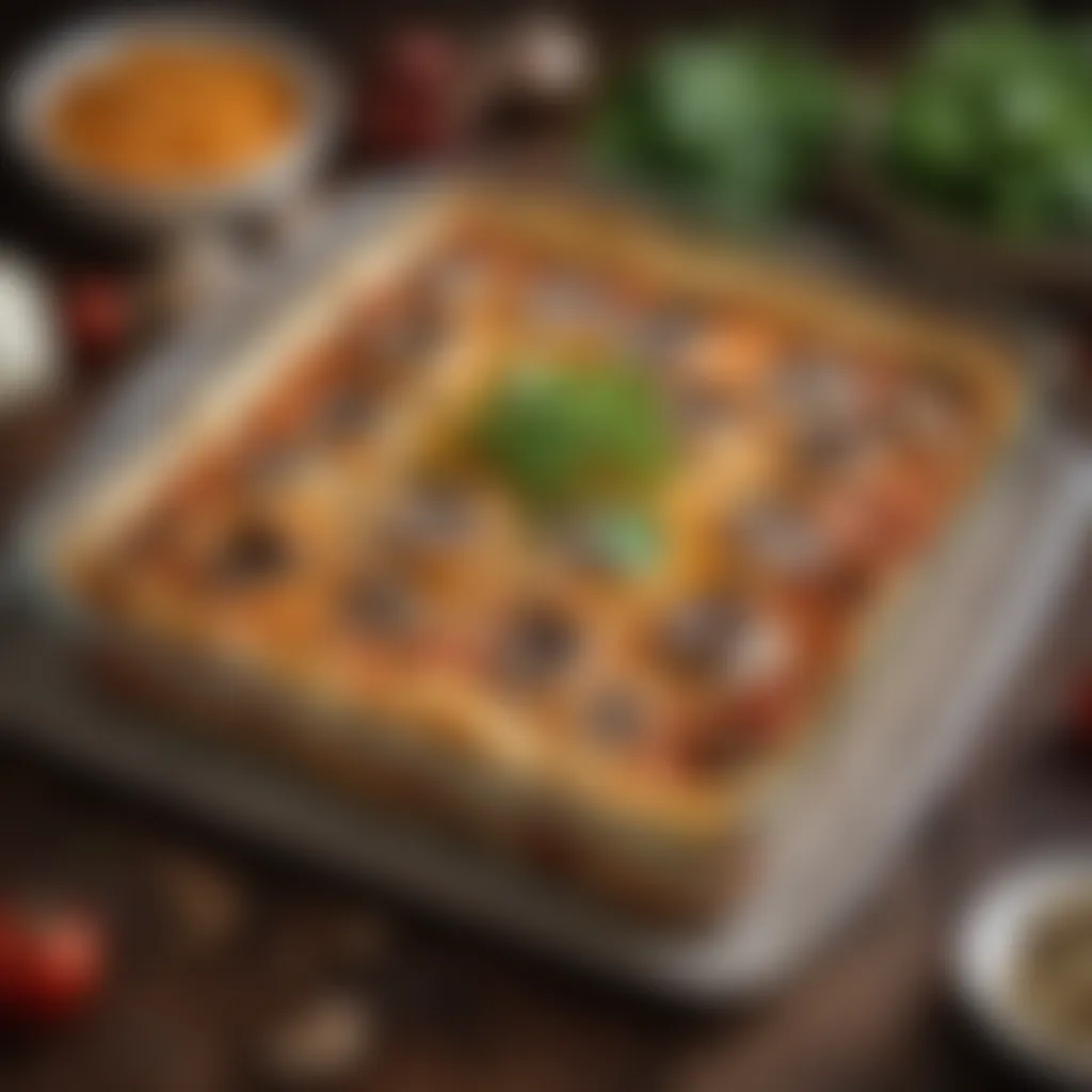 Layers of mushroom and vegetable lasagne being assembled in a glass dish