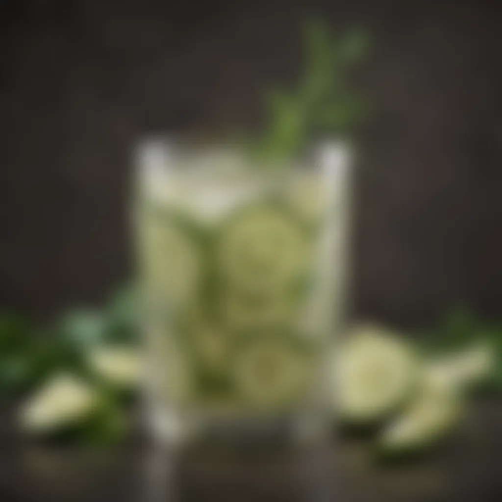 Artistic presentation of cucumber and onion soda garnished with herbs