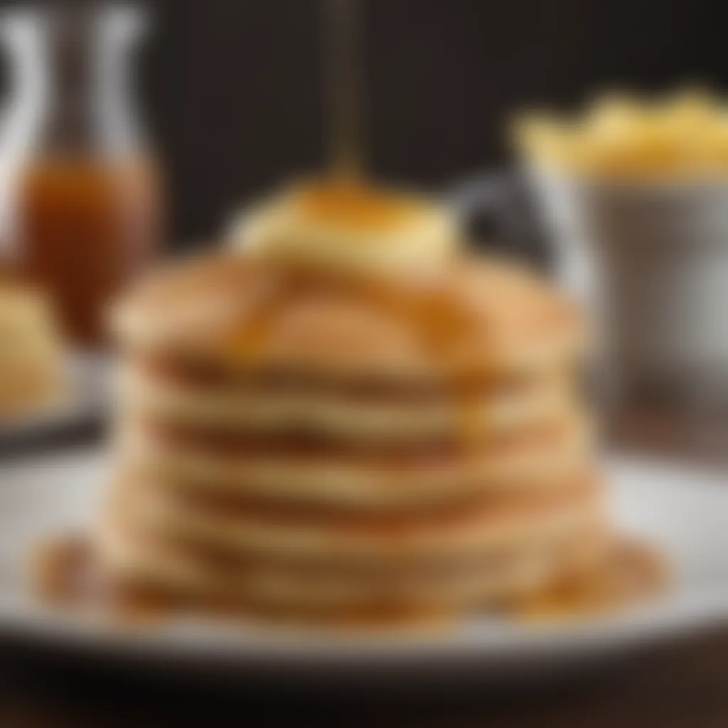 A stack of fluffy pancakes drizzled with melted butter and maple syrup