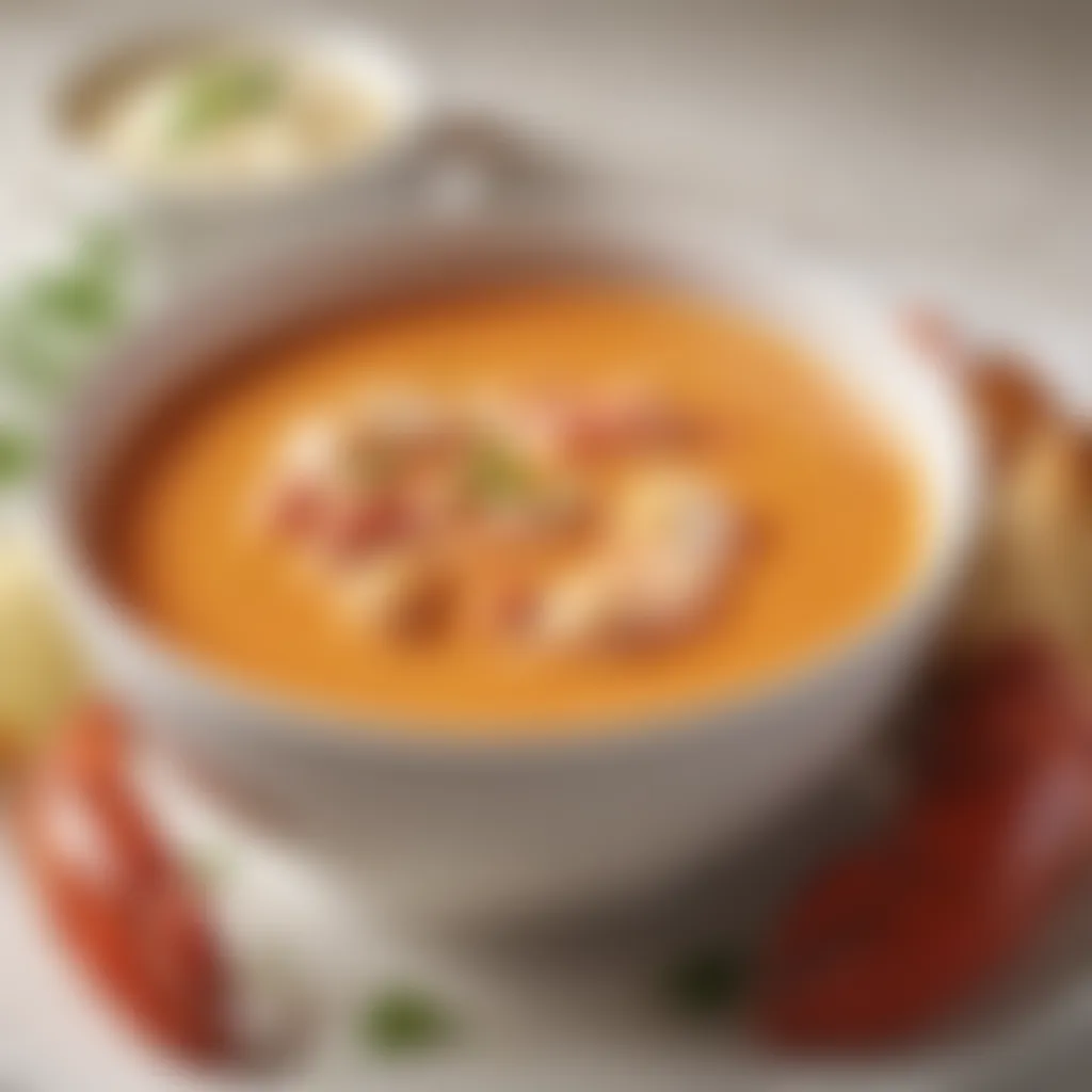 Rich and creamy lobster bisque garnished with a swirl of melted butter