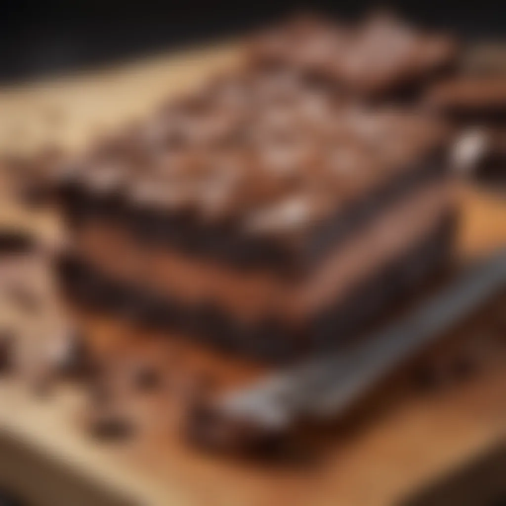 Decadently sliced brownies on a wooden board