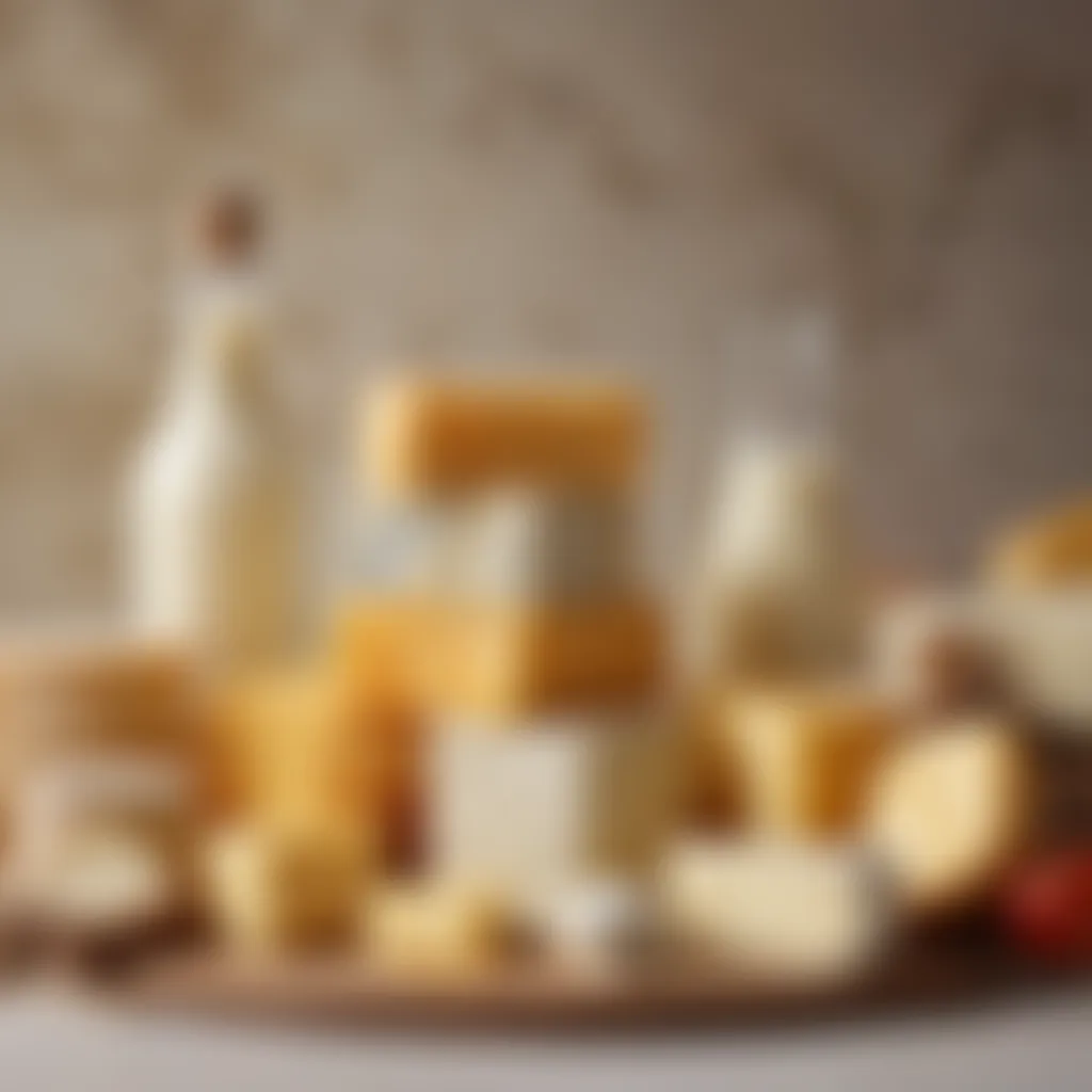 An assortment of cheeses displayed alongside their milk sources.