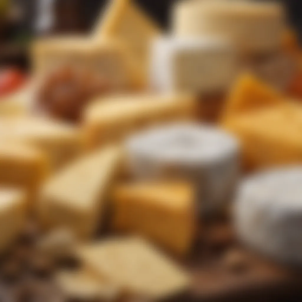 A close-up view of various cheese varieties showcasing different textures and colors.