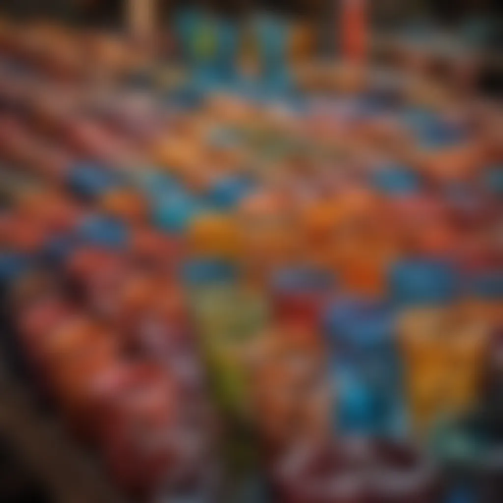 A variety of colorful ceramic drinking glasses displayed in a local market