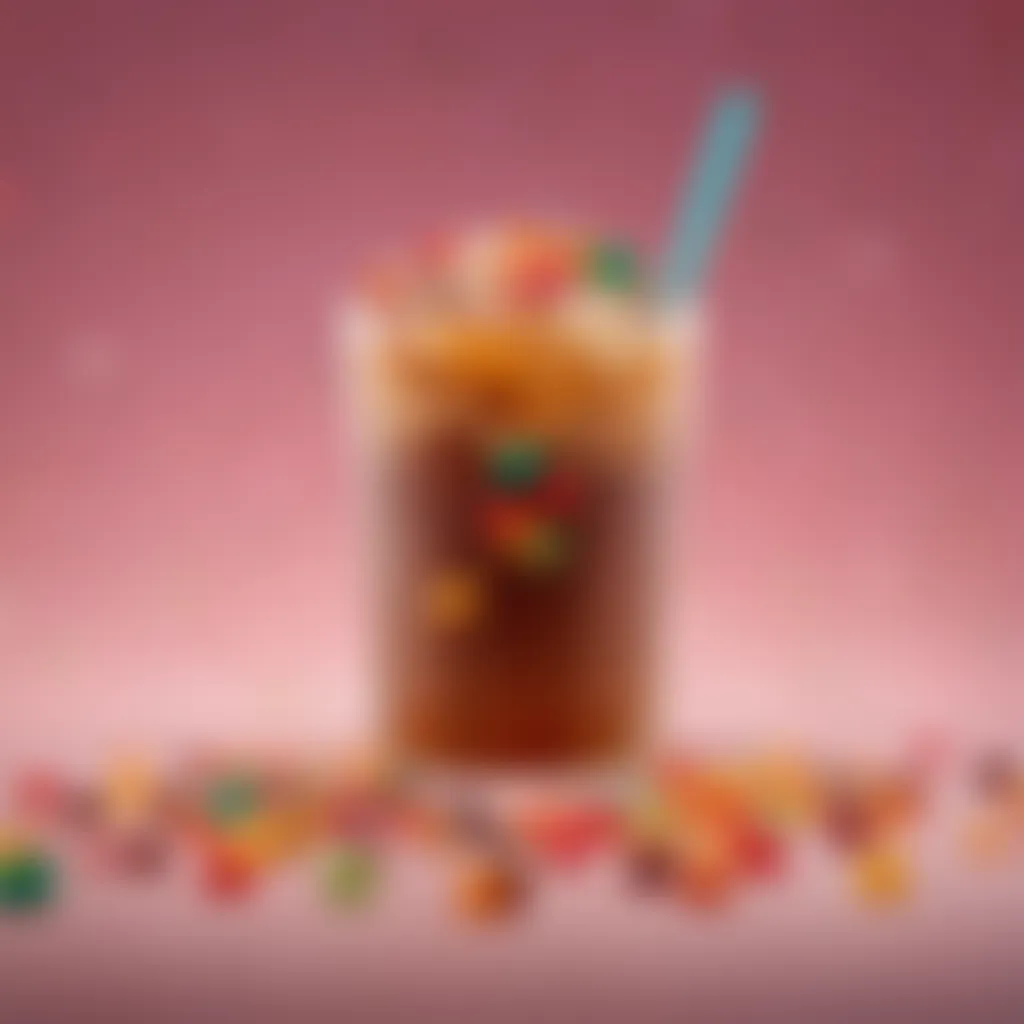 An artistic representation of Dunkin' iced coffee flavored jelly beans in a festive setting, symbolizing consumer enjoyment.