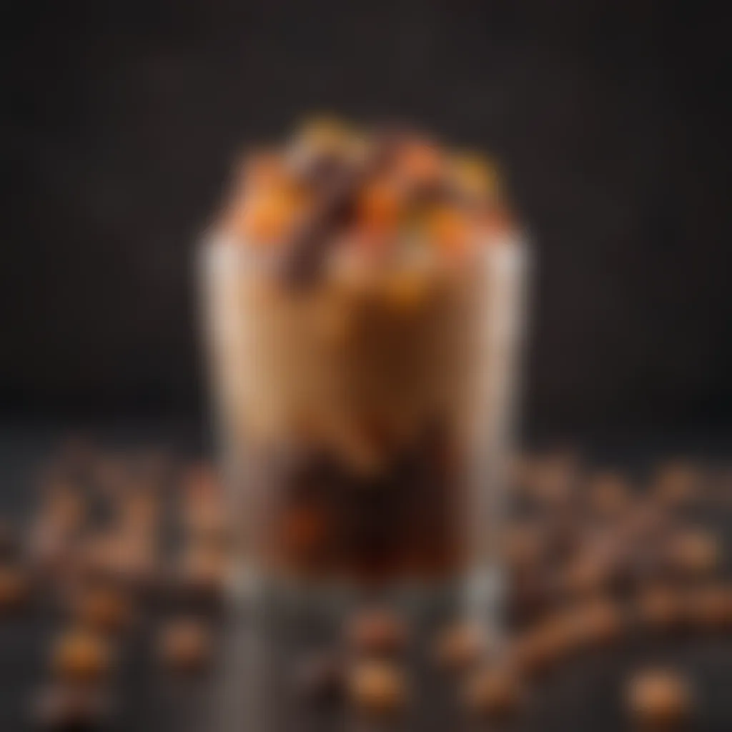 A creative flat lay of Dunkin' iced coffee flavored jelly beans alongside a cup of iced coffee, emphasizing the flavor connection.