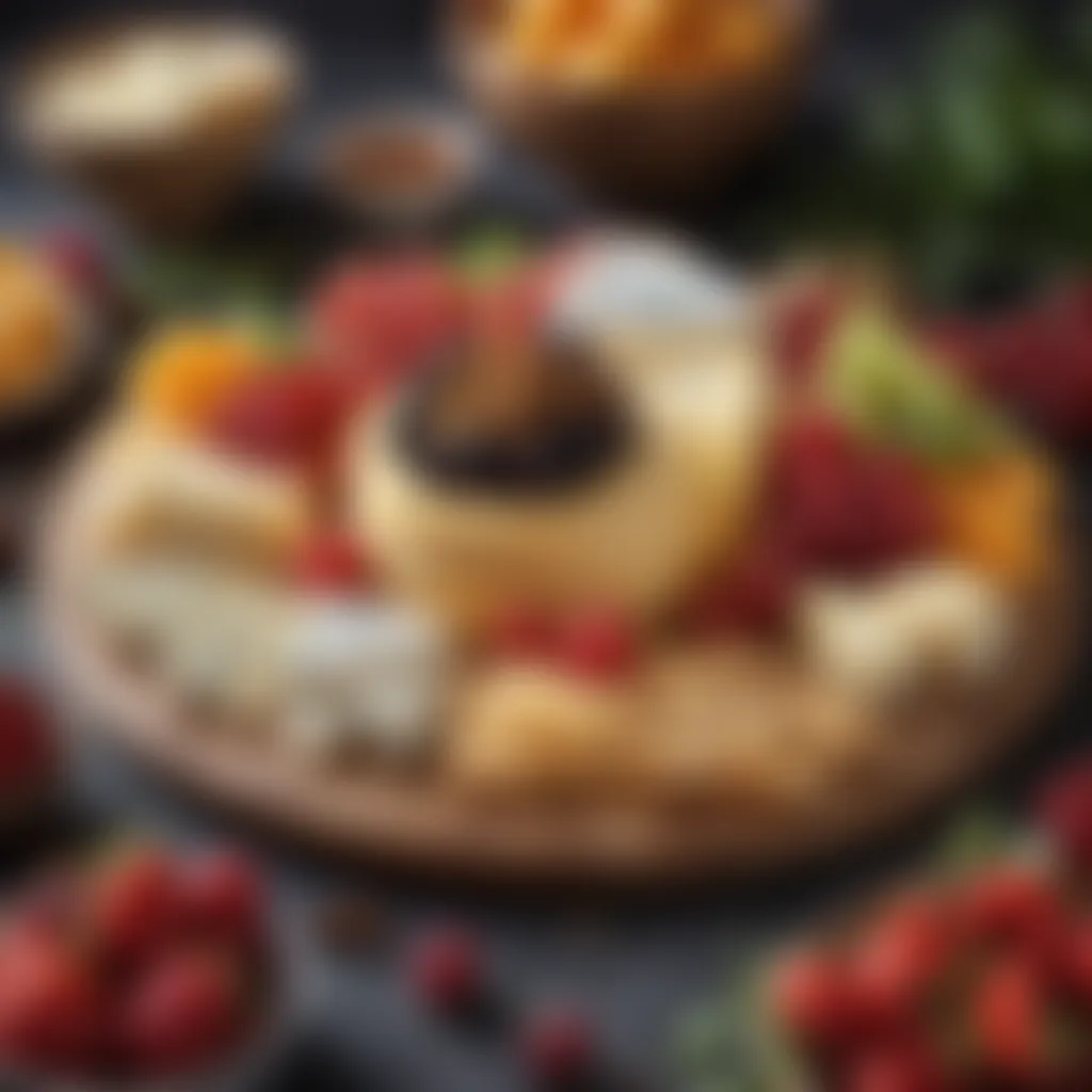 Artfully arranged cheese platter with assorted fruits