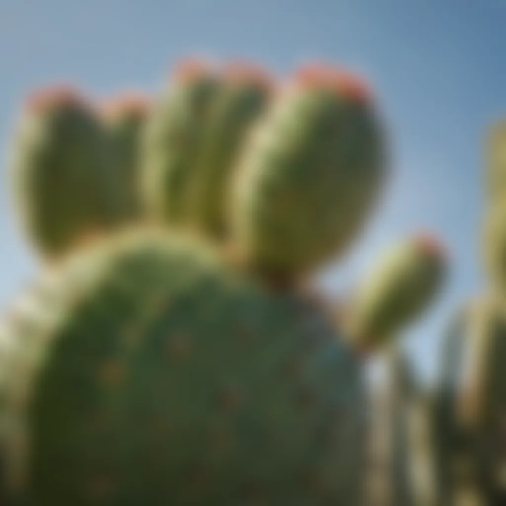 A close-up of el nopal cactus with water droplets glistening in the sunlight.