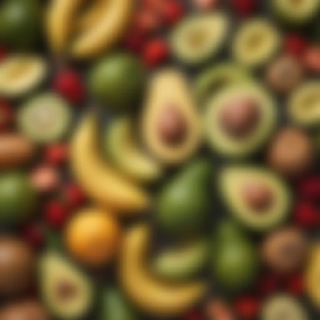 A vibrant assortment of potassium-rich fruits including bananas and avocados