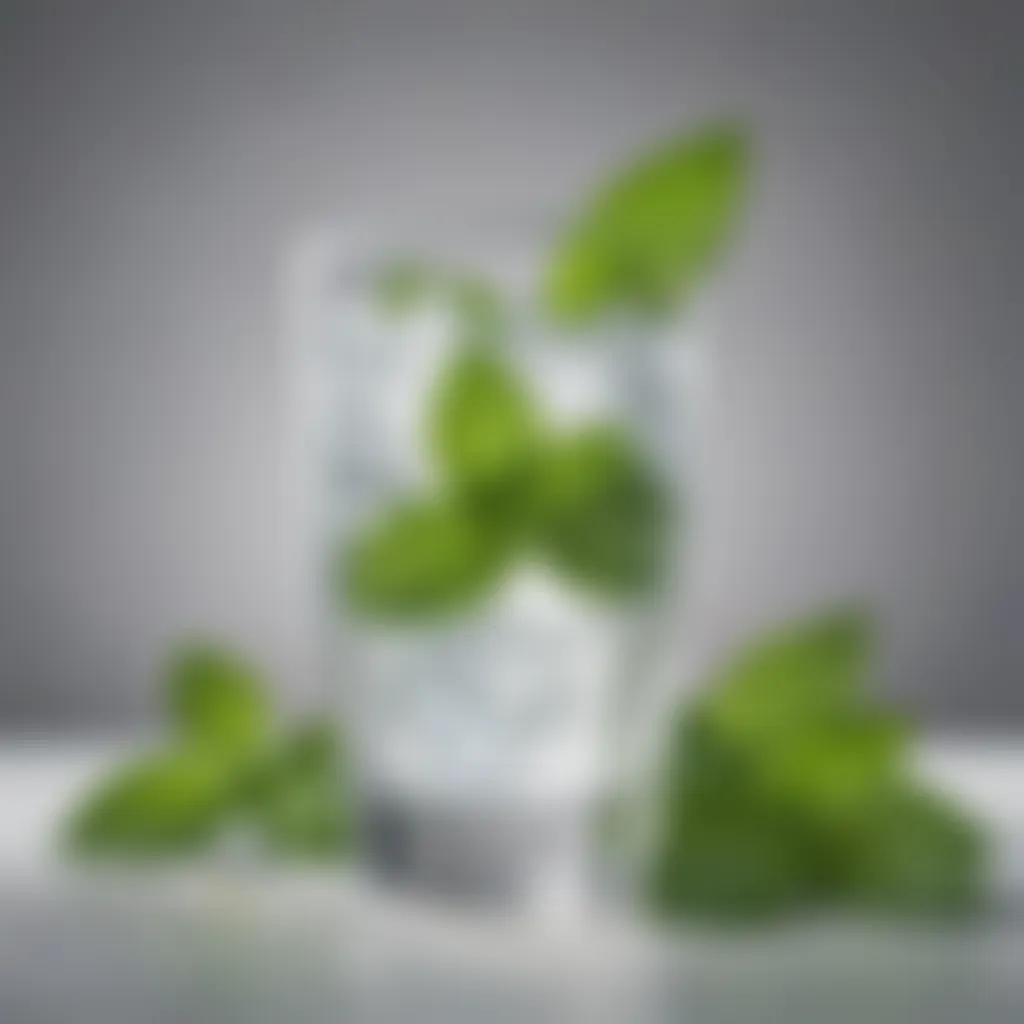 Refreshing Zero-Calorie Beverage A clear glass of refreshing zero-calorie beverage surrounded by mint leaves.