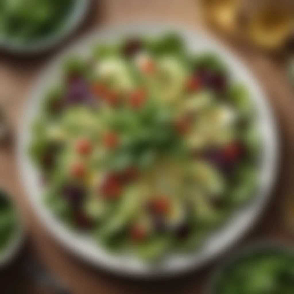 Elegant Leafy Greens Salad Display An elegantly arranged salad showcasing a mix of leafy greens and vibrant toppings.