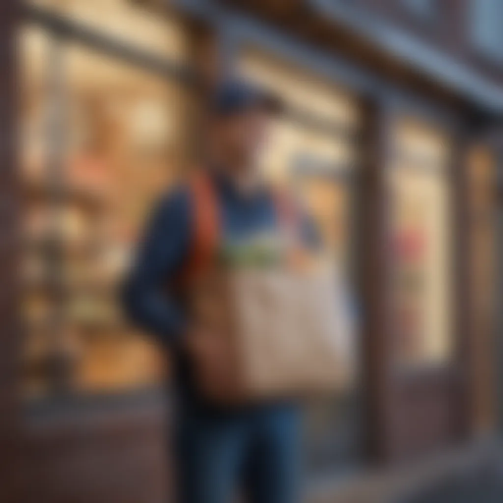 A delivery person with a grocery bag at a doorstep