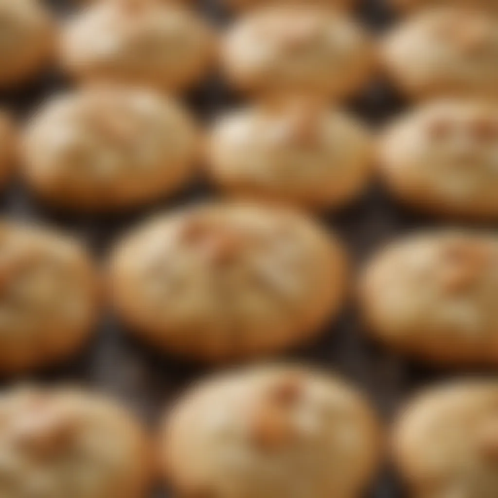 A close-up view of freshly baked almond pillow cookies showcasing their soft texture and golden hue.