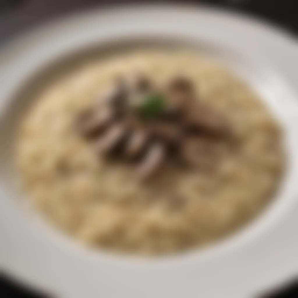 A rich, creamy texture of mushroom risotto in a pan