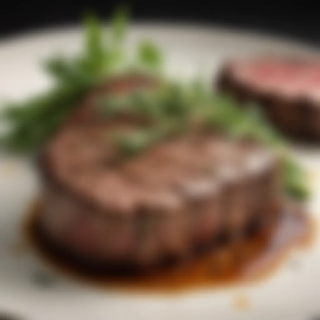 A beautifully plated steak, perfectly seasoned, garnished with herbs to highlight culinary mastery.