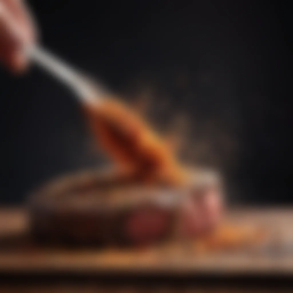 A close-up of a spice blend being sprinkled over a raw steak, capturing the moment of flavor enhancement.