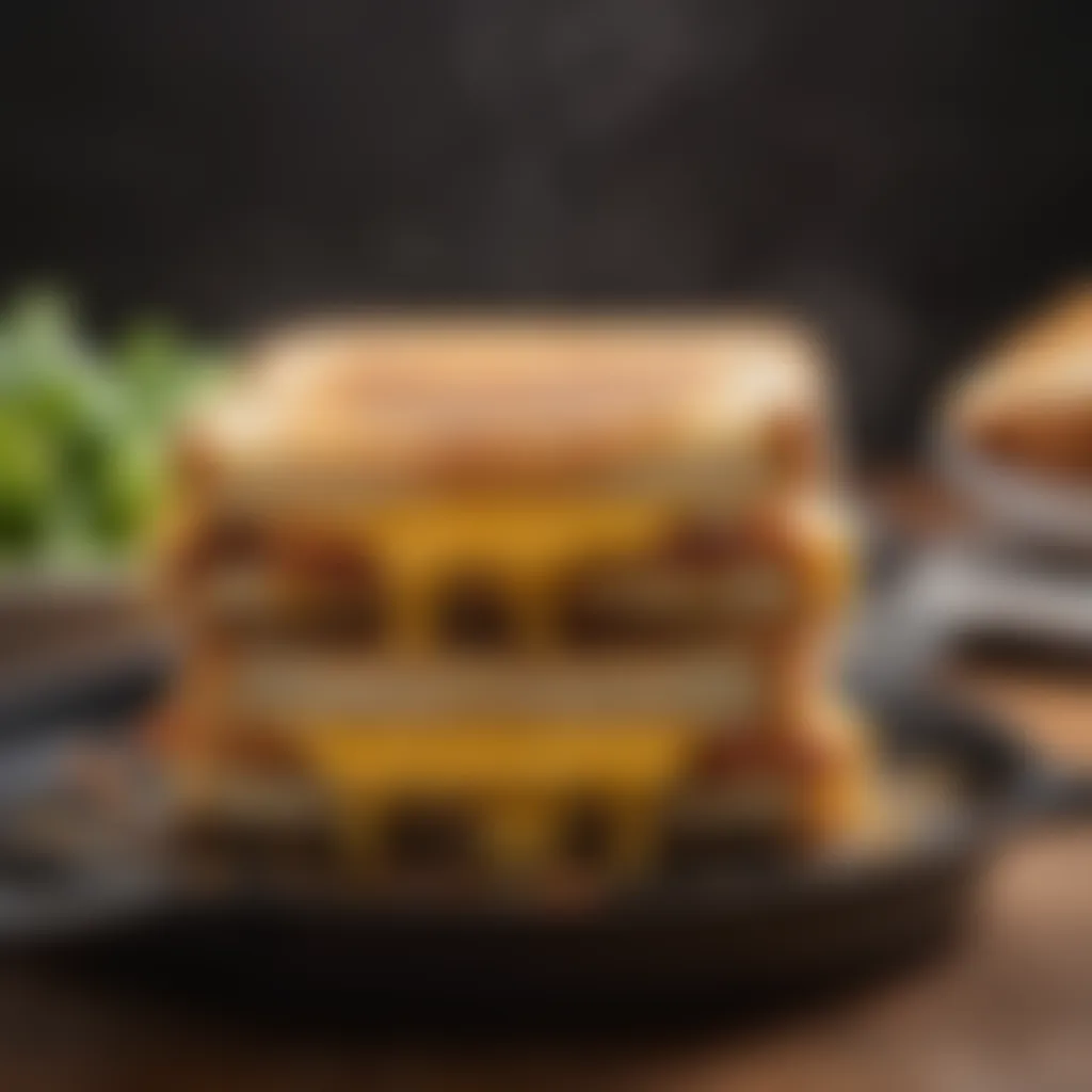 A close-up of a sizzling grilled cheese sandwich on a skillet, highlighting the melting cheese