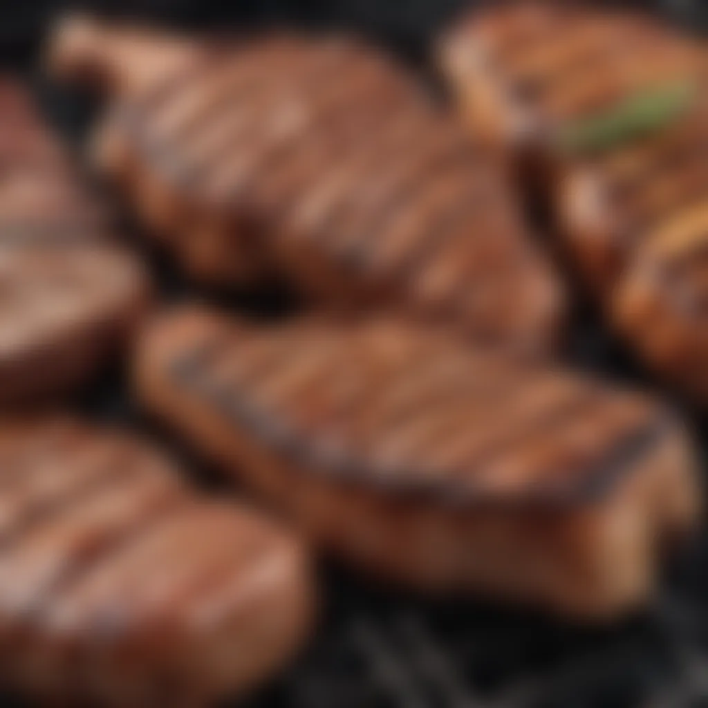 A close-up shot of perfectly grilled meats showcasing caramelized textures and vibrant colors.