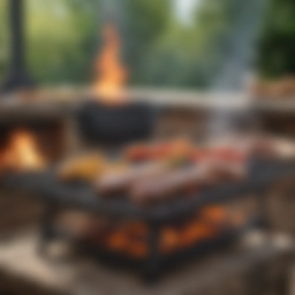 A vibrant display of various grilling equipment set against a backdrop of an open fire.