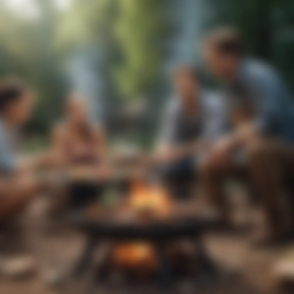 A serene outdoor setting where friends gather around a fire, sharing stories and enjoying grilled dishes.