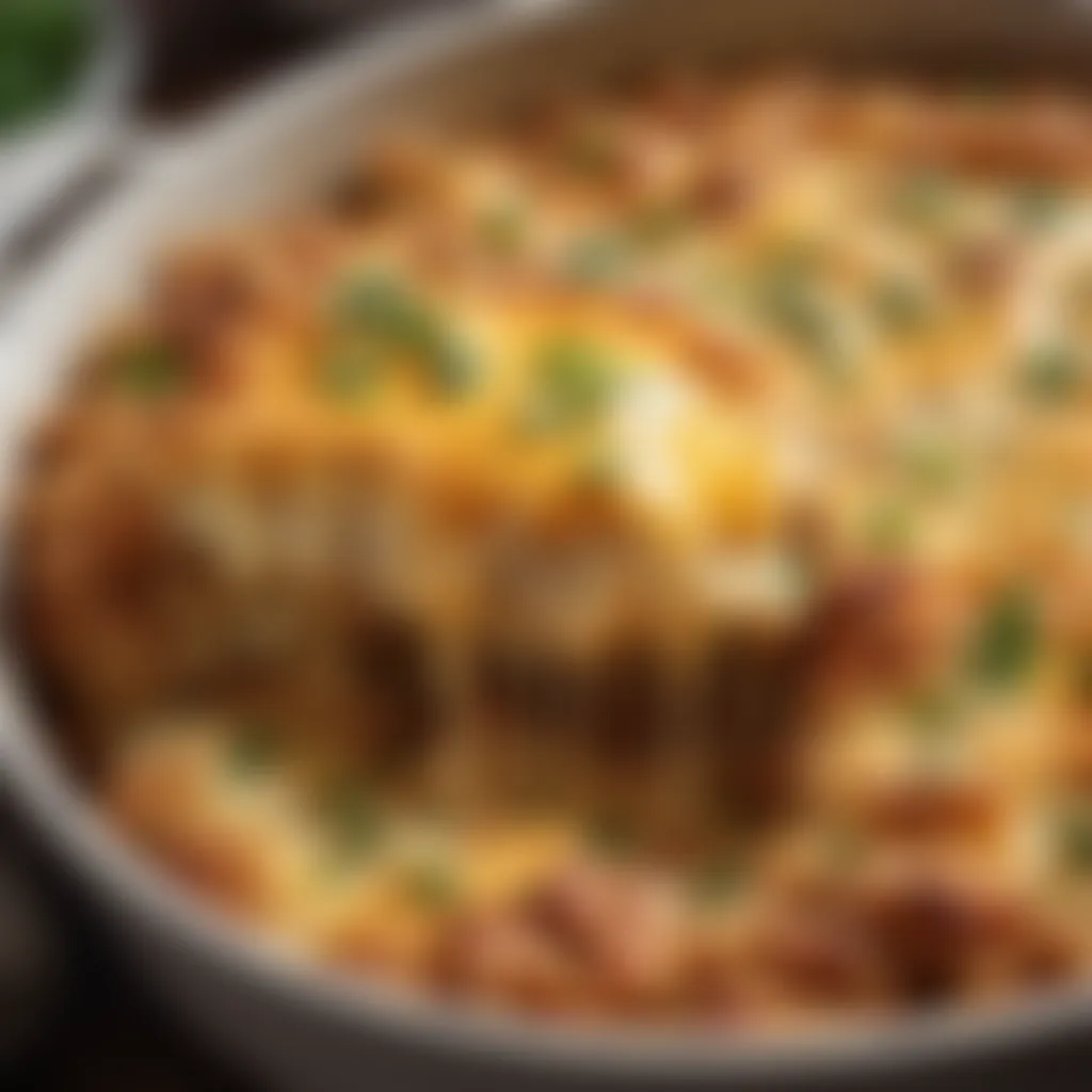 A hearty bowl of hashbrown casserole topped with melted cheese and green onions